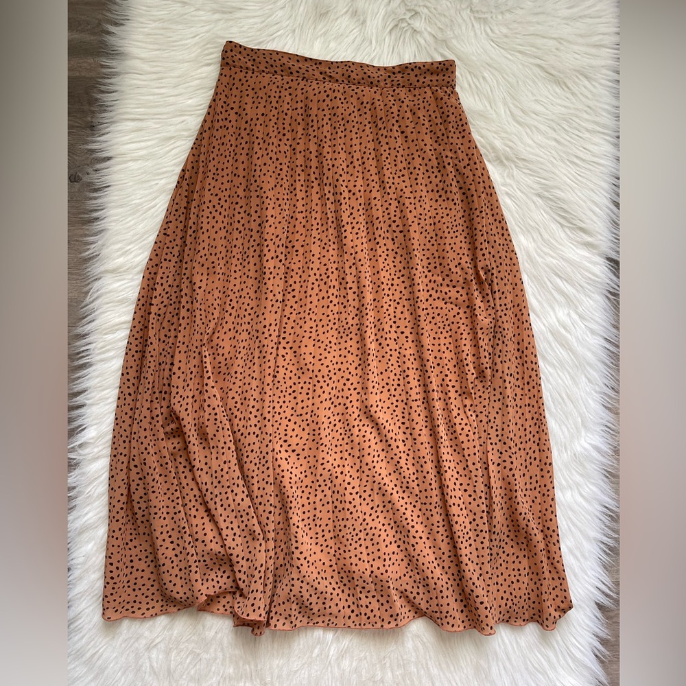 JOPRA High Waisted Pleated Maxi Skirt Brown Black Polka Dot Size Large